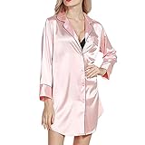 Sidiou Group Nachahmung Seide Satin Nachthemd Langarm Nachtwäsche Satin Damen Schlafkleid Schlafhemd Nachtkleider Pyjama Oberteil Nachtwäsche für Frauen (Gummi Rosa, L)