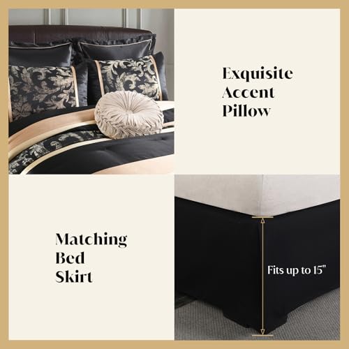 Image of CozyDH Black Gold Comforter Set Queen - 7 Piece Luxury Jacquard Silky Bed in a Bag, Vintage Floral Striped Damask, All-Season Down Alternative Bedding with Bed Skirt, Shams, Decorative Pillow