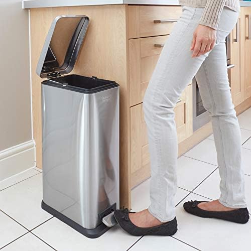 BLACK+DECKER BXBN0004GB 20L Slimline Pedal Bin with Soft Close Lid, Stainless Steel, 39.5 x 25 x 63.5 cm, Cool Grey