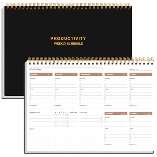 Weekly Productivity Planner - 8" x 11" Dashboard Desk Pad/Planner, Habit Tracker, Spiral Undated Weekly Planner for Office/School/Home, 54 Weeks, Black
