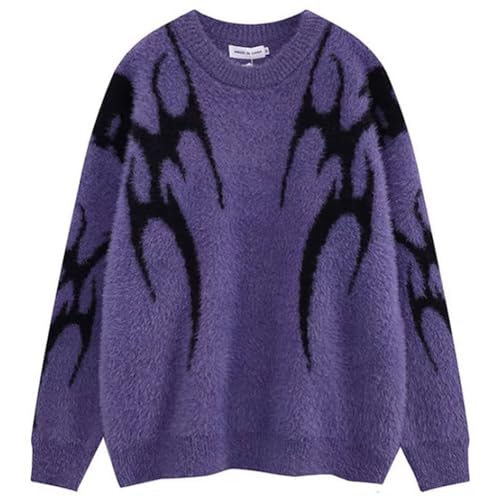 Yimoon Mens Oversized Sweaters Y2K Aesthetic Flame Graphic Crewneck Sweatershirts Knitted Casual Pullover Jumpers (Purple-L)