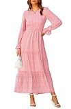 BTFBM Women Casual Long Sleeve Crew Neck Fall Dress Bohemian Relaxed Fit Floral Flowy Maxi Dresses Tiered Cocktail Dress(Floral Pink,Small)