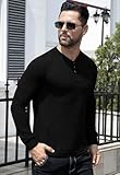 KUYIGO Men's Long Sleeve Henley Shirts Slim Fit Casual Waffle Fashion Button Shirt Tops Black L