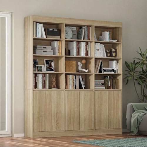 FAMAPY Modern Tall Bookcase with Doors, 9-Cube Open Shelving and 3-Door Storage Cabinet, Large Wood Bookshelf for Living Room, Home Office, Hallway - Oak 70.9&rdquo;W x 12&rdquo;D x 78.7&rdquo;H