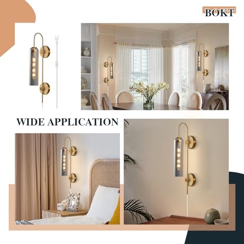 Image of BOKT Mid Century Modern Brass Gold Plug in Wall Light Lamp 1 Light Indoor Smoke Gray Glass Wall Sconce Lighting Single Vintage Wall Mounted Bedroom Lights Plug in Sconces Wall Lighting (Smoke Gray)
