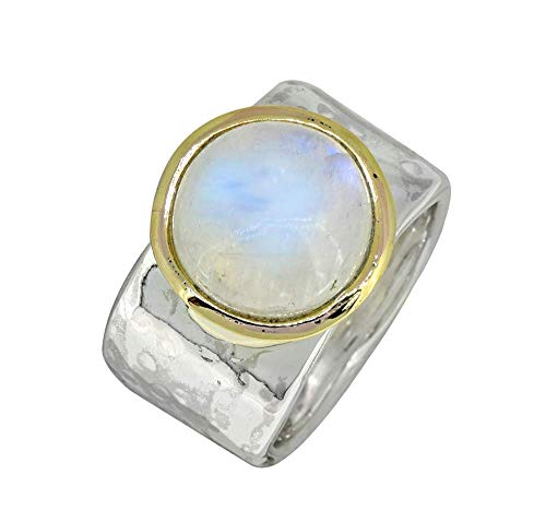 YoTreasure Moonstone 925 Sterling Silver Brass Wide Cuff Hammered Ring Gemstone Jewelry