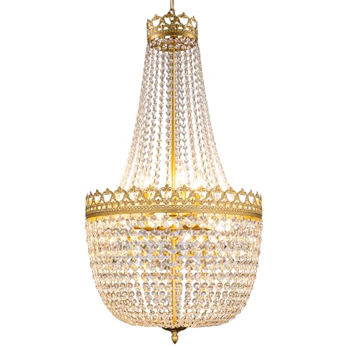 Wellmet Crystal Chandelier Lights, 9 Lights French Empire Chandelier Lighting Luxury Gold High Ceiling Hanging Pendant Light Fixture for Dining Living