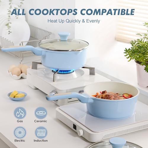 Image of SENSARTE Ceramic Nonstick Saucepan with Lid 2.0 Quarts, Small Cooking Pot with Stay Cool Handle, Induction Compatible, Ceramic Coating, Free of Intentionally Added PTFE /PFOA /PFAS, Glacier Blue
