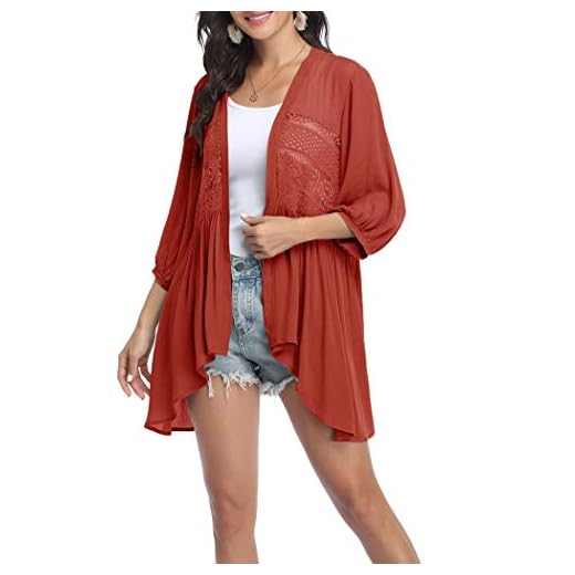 Hotouch Damkofta 3/4 ärm sommarmode cardigan lätt fram-öppen Shrug topp tunn kofta blommor tryck dam kofta lång, Orange röd, M