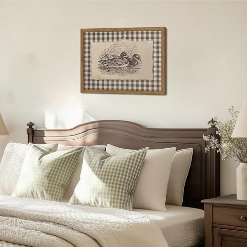 Image of Vintage Duck Framed Wall Art - Retro Farmhouse Brown Gingham Duck Poster, Rustic Cottagecore Decor Canvas Print, Vintage Wall Decor for Living Room Bedroom Office Nursery 16x24 inch