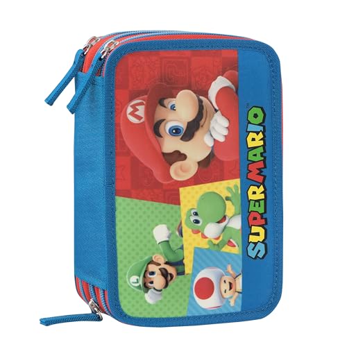 Franco Cosimo Panini Super Mario Federmäppchen für die Schule, offizielles Super Mario Federmäppchen, 3 Fächer, Jungen und Mädchen, mit Schreibwaren-Set, löschbarer Stift in Blau und praktischem