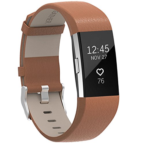 Henoda Replacement Bands Compatible with Fitbit Charge 2, Classic Genuine Leather Charge 2 Band Fitness Wristband for Women Men Small Large Matt Brown