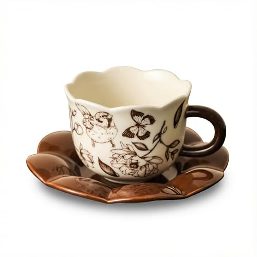 Taza con platillo vintage floral cerámica 8 oz miniatura 1