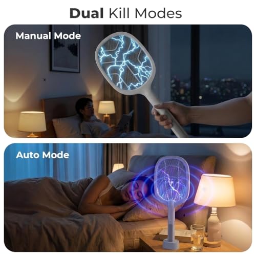 Image of 2 in 1 Mosquito Killer Racket with UV Light | Manual & Auto Kill Modes | Rechargeable Lithium Battery | Type-C USB Charging | Electric Mosquito Bat with Base Stand (White)