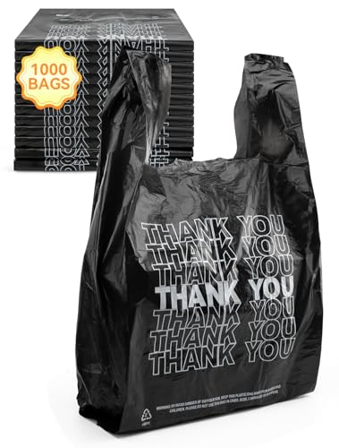UMT Plastar 1000 Count Black Thank You Bags, 10.5 x 5.5 x 17.5 in