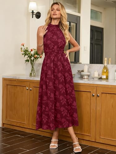 Image of Simplee Womens Summer Halter Maxi Dress Boho Floral Wedding Guest Dress Flowy Sleeveless Long Sundresses with Pockets