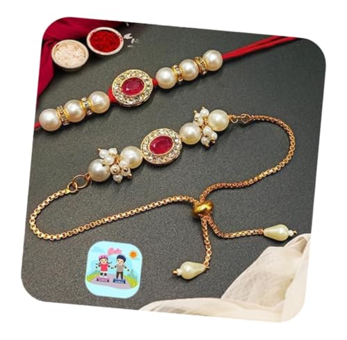 CraftVatika Rakhi Combo Set for Brother and Bhabhi Premium Lumba Floral Rakhi Kundan Bracelet for Bhaiya Men Bhabhi Women Raksha Bandhan Couple Pearl 