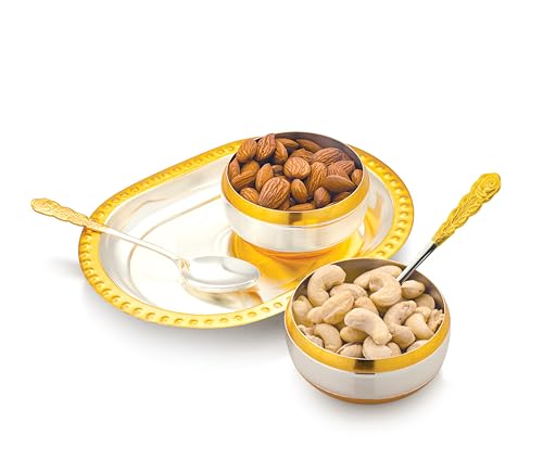 Image of Silverglow Sunrise Serving Set | Gold & Silver Finished Bowl Set of 5 | Dry Fruits, Snacks containers | Serving Tray Bowl Set | Tableware Set | Perfect Diwali, Office, Wedding Return Gift