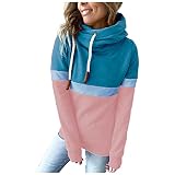 Kobay Damen Langarm Herbst Winter Casual Mantel Oberteile Elegant Langarmshirt Frauen Lose Casual Kapuzen Kordelzug Nähte Collision Color Langarm Pullover(Rosa, XL)