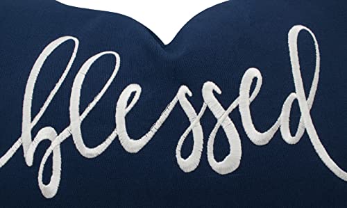 Yugtex Blessed Sentiment Cotton Embroidered Decorative Lumbar Accent Throw Pillow Cover - Living Room Decor, Entryway Bench, Couch - 12X18 Inches, Navy Blue #TOP3