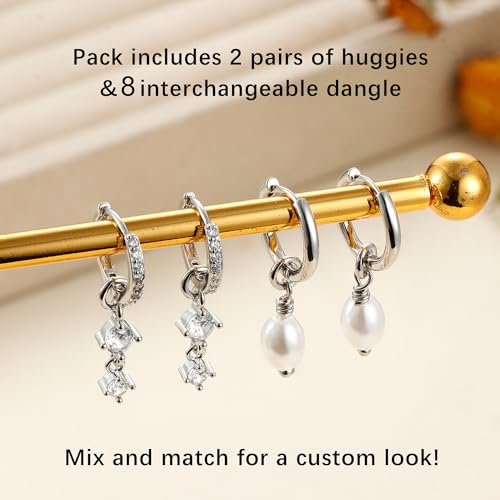 Florideco 14K Gold Plated Huggie Earrings and Charm Set for Women,Hypoallergenic Hoop Dangle Earrings,Mix and Match Earring Pack,Dainty Huggie Hoop Earrings for Multiple Piercing3