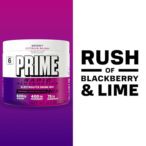 Image of Prime Rapid Rehydration Electrolyte Powder, Berry Citrus Rush, Sugar Free Hydration Drink Mix with Sodium, Potassium, Magnesium & B Vitamins to Replenish Fluids, Caffeine Free, 6 Gallon Tub, 48 SRV