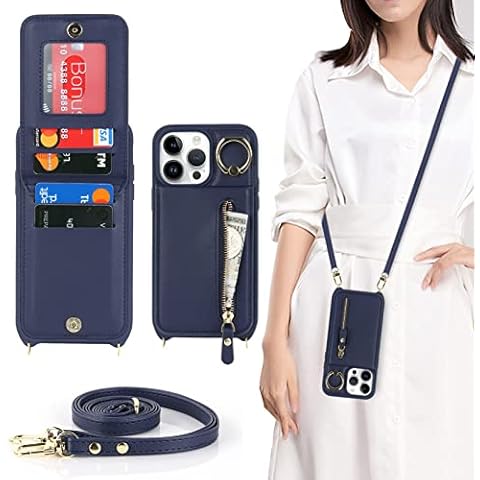 Jaorty Phone Case for iPhone 14 Pro with Strap,for iPhone 14 Pro Case Wallet with Card Holder for Women,Crossbody Lanyard Cases with Zipper Pocket Kickstand Ring Holder 6.1",Blue Cover