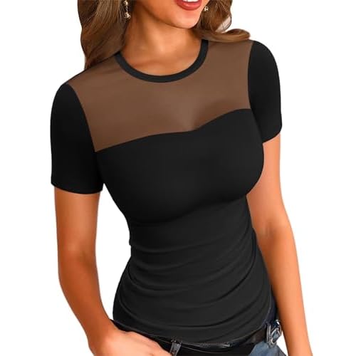 VICHYIE Womens Summer Short Sleeve Tops Sheer Mesh Square Neck Ribbed Slim Fitted Shirts Casual Tee Tshirt Medium Short-black