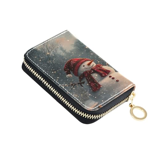 Small RFID Credit Card Holder Wallet with Zipper, Leather Wallet Case for Women Snowman