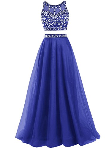 Juniors 2 pieces beads sheer tulle long prom dress evening gown r…