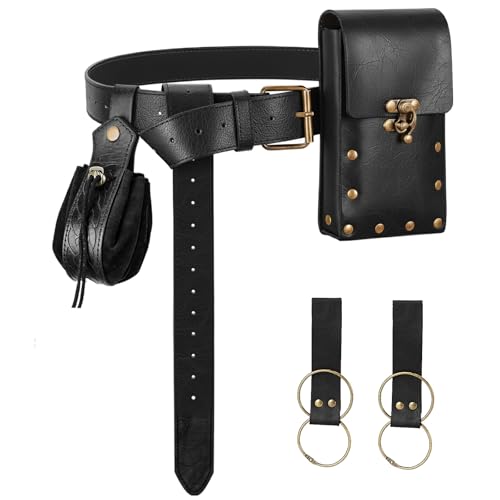 Renaissance Medieval Belt Pouch Set - Renaissance Accessories with Pirate Belt Pouch for Halloween Cosplay & LARP (Black-B)