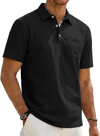 Mens Polo Shirts Short Sleeve Golf Shirts for Men Linen Casual Summer Classic Collar Shirts with Pocket
