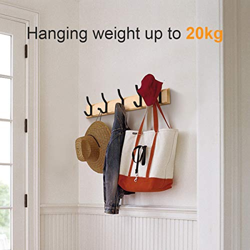 Gogocool Bamboo Wall Mounted Coat Hooks Hanger, 20Kg Maximum Bearing, Black Double Hooks Type, Natural Wall Coat Hanger, 76Mm Space Between Hook And Hook(5 Hooks) #TOP3
