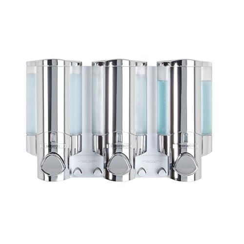 Better Living Aviva Shower Dispenser 3 Chamber, Wall Mount Shower Soap Pump Dispenser for Bathroom Hotel Body Wash, Built-in Hooks, No Drill, Waterproof Shampoo Soap Dispenser 3 x 11 oz, Chrome by Better Living - Used condition - US$58.11
