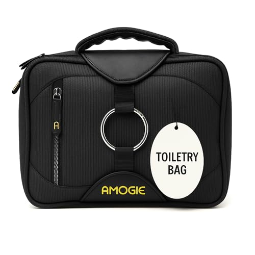 Toiletry Travel Kit for Men – Hanging Shaving Bag with Compartments | Toiletry Kit for Facial Grooming & Hygiene | Ideal for Business Trips, Hotels & Gyms | Water-Resistant Oyster Shell Fabric, Black