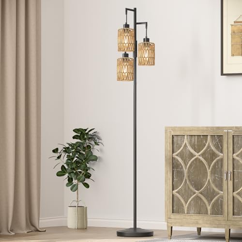 Image of Oneach 70 inch Floor Lamps for Living Room, Stepless Dimmable Boho Floor Lamp with 3 Bulbs, Tall Farmhouse Industrial Corner Standing Tree Lamp for Bedroom, Office, Study Room, Dining Room, Black