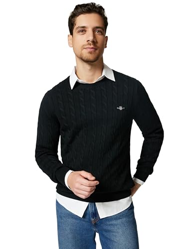 GANT Men's Cotton Cable C-Neck Pullover, Black, L