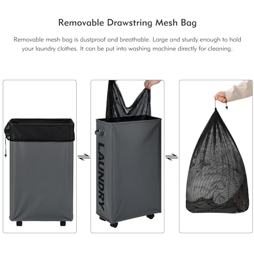 DOKEHOM 29-Inches Enlarged Slim Laundry Basket with Removable Wash Bag on Wheels, Collapsible Rolling Laundry Hamper, Foldable Narrow Corner Clothes Storage Bins (Dark Grey) by DOKEHOM - Image 5