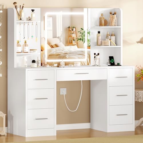 SLINEMO Tocador de Maquillaje con Luces LED Regulables y enchufes, Mesa de Maquillaje con Espejo, Mesa de Tocador con 7 cajones, 4 estantes Abiertos y 5 Ganchos para Joyas, Blanco