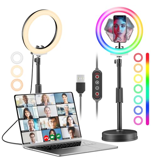 LED Ringlicht Handy Ringleuchte Laptop, PEYOU 42 RGB-Modi Upgrade 10 Zoll Handy Ringlicht Mit Stativ für Videokonferenzen Licht, Live, Vlog, YouTube, Tiktok, Make-Up, Fotografie