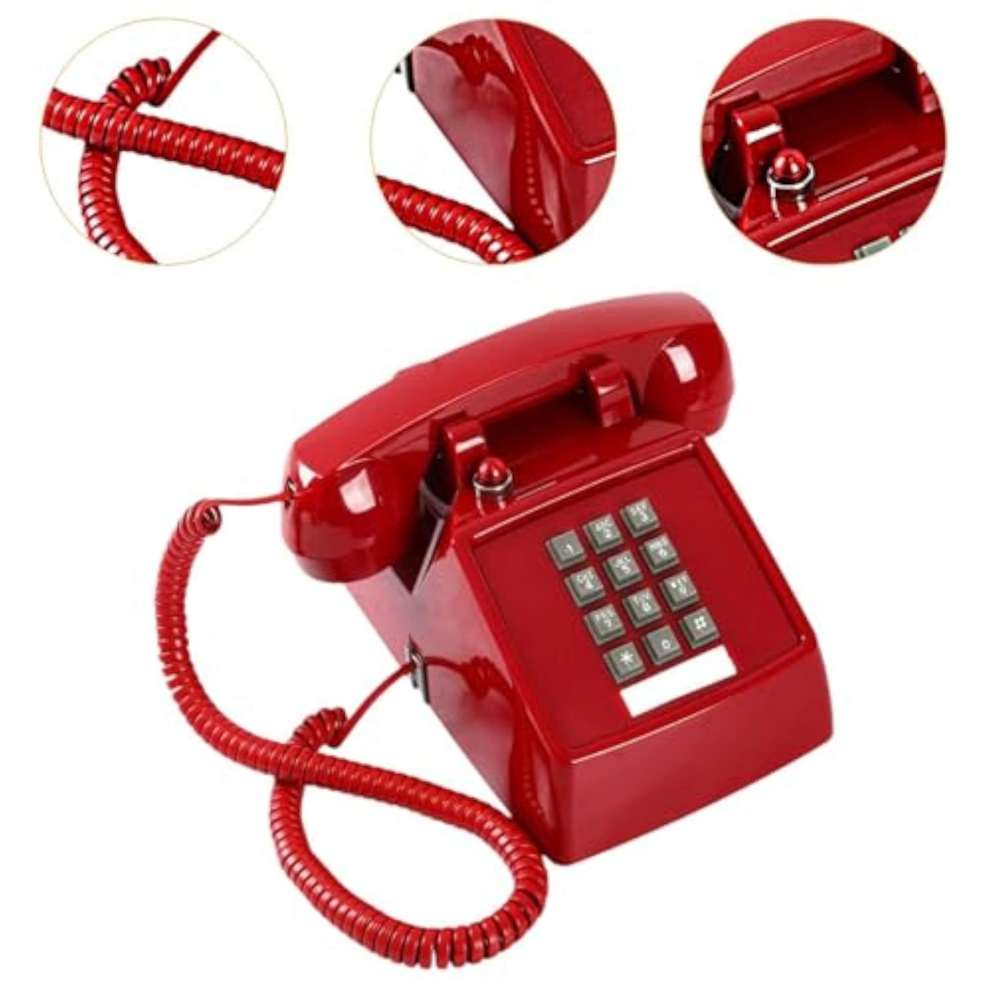 Vintage Design Wired Desk Telephone with Metal Base for Home, Red