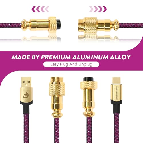 MAMBASNAKE Custom Zwinięty Kabel Klawiatury i Aviator Cable Winder Set - Metal Weight Bar Stały Pręt do Kabla Spiralny + Pleciony Kabel USB C z 24K Złotem Aviator do Klawiatury do Gier - Róża Czerwony