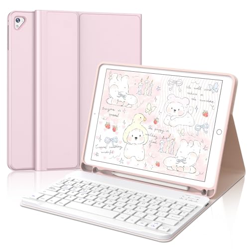 IVEOPPE Teclado para iPad 6/5 generacion 9.7"/Air 2/Air 1/Pro 9.7, Funda Teclado Español Ñ QWERTY Bluetooth Desmontable para iPad 2018, Rosa