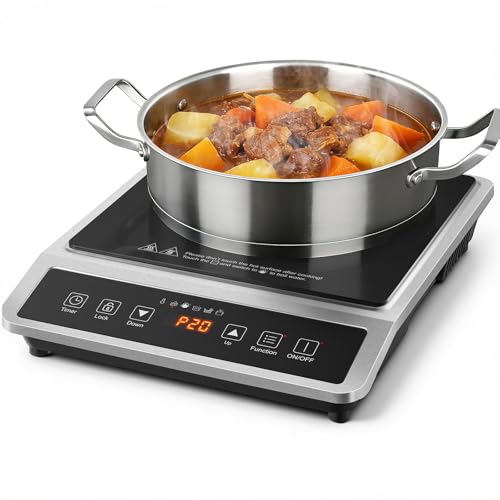 AMZCHEF Portable Commercial Induction Cooktop: 1800W Induction Burner with Large 8" Heating Coil, Induction Hot Plate with 20 Power & Temperature Levels, 4 Smart Functions Induction Stove