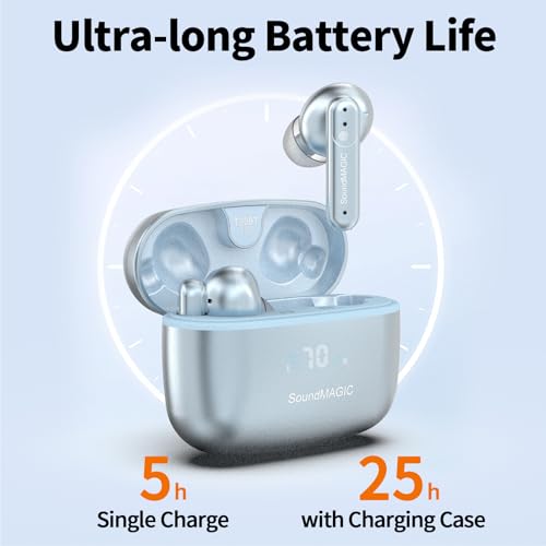 Image of SoundMAGIC T80BT True Wireless Earbuds, Hybrid ANC, HiFi, Clear Calls, Blue | Comfortable noise reduction, Rich layered stereo, Pressure-free wear, 25hr battery, IPX5 waterproof, Seamless dual pairing