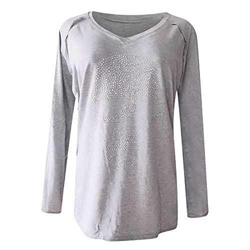 Langarmshirt-Damen-Sweatshirt-Langarm-Locker-Pullover-Totenkopf-Druck-Oberteile-Frauen-Herbst-Graphic-Tee-Shirts-Elegant-V-Ausschnitt-Tops-Basic-Bluse-Maedchen-Laessig-Tunika-Lange-Aermel-T-Shirt