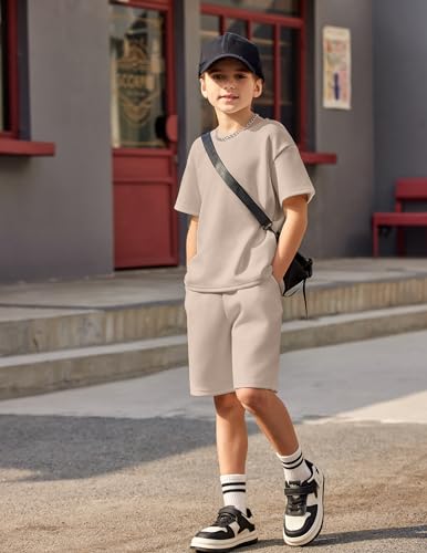 Image of Arshiner Boys Drop Shoulder Tee & Drawstring Waist Shorts Khaki 7 8 Years