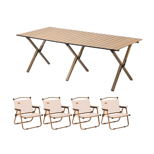 HBOOMOEM Camping Set Mit Tisch & KlappstüHlen，Robuster Tisch Und StüHle Im Freien Set，Leicht Und Einfach Zu Tragen, Geeignet for Gartenarbeit, Angeln, Festivals Usw.(Wood,150CM+4 Chairs)
