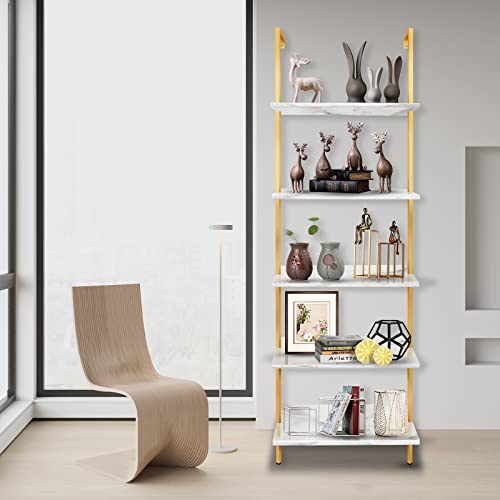 Aboxoo Ladder Shelf Open White Morbookshelf 5-Tier Wall-Mounted Wood Rack Open Industrial Modern Plant Flower Stand Utility Organizer Bookcase Metal Frame Furniture Office Kitchen Bedroom (White 2Pc) #TOP4