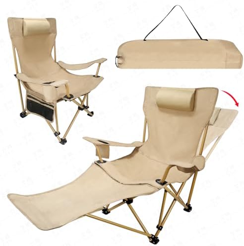 Reclining Camping Chair with Removable Footrest, Portable & Heavy Duty Folding Lounge Chair for Adults with Adjustable Headrest, Cup Holder & Storage, Supports 280 lbs
